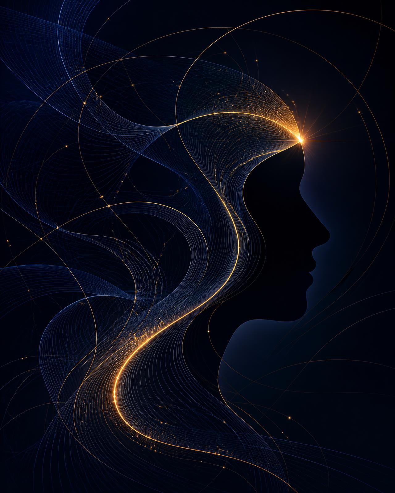 Abstract artwork of flowing luminous pathways forming a human profile, representing patterns of thought and communication